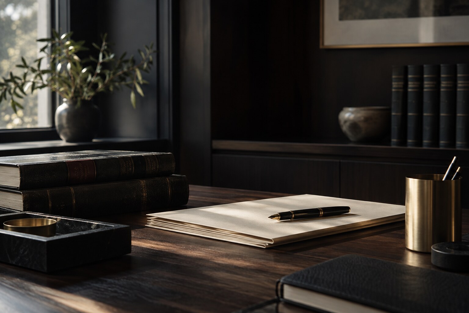 Refined legal workspace with law books, documents and a fountain pen