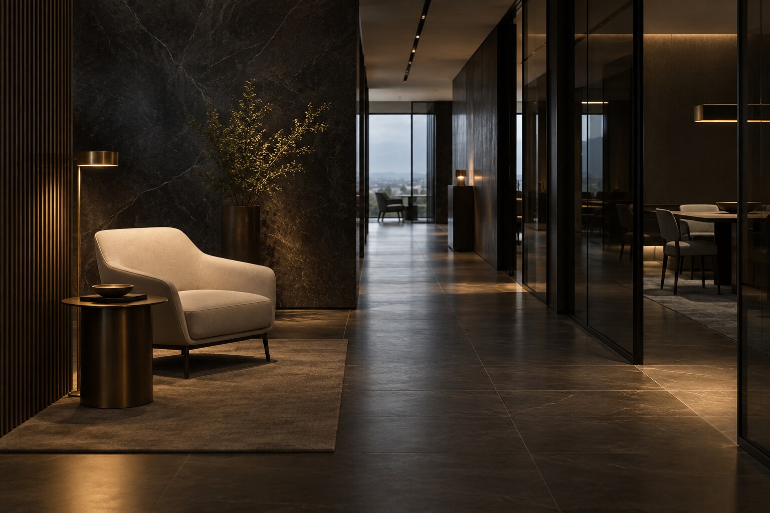 Quiet contemporary office prepared for a private professional conversation