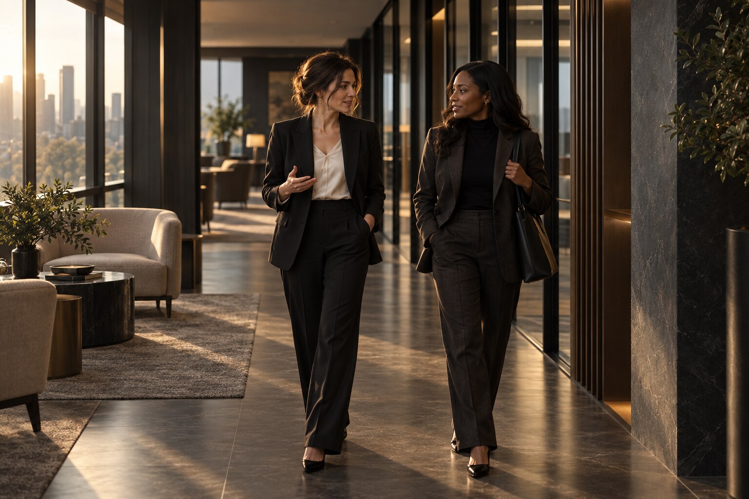 Two professionals walking through a contemporary office in conversation
