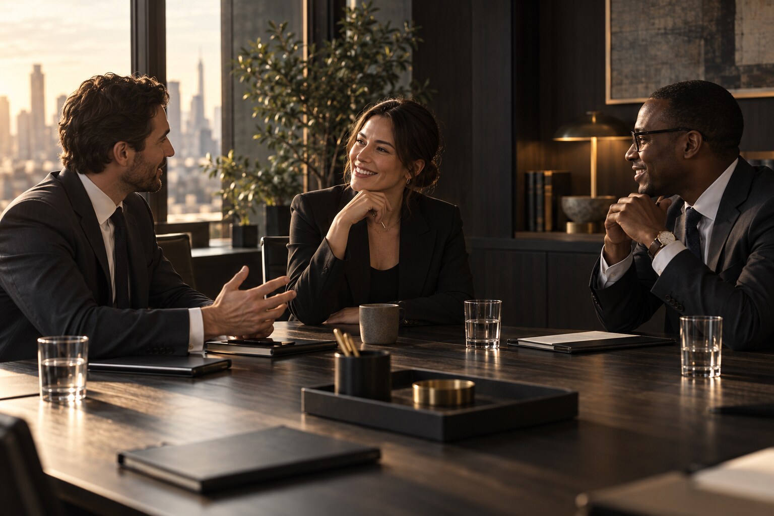 Three professionals in a warm, focused recruitment consultation