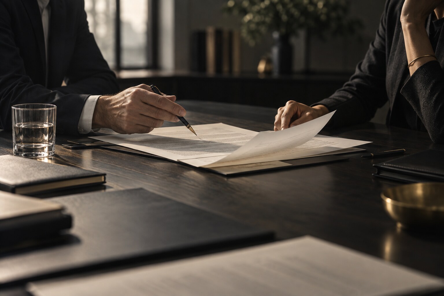 Two professionals carefully reviewing documents at a conference table
